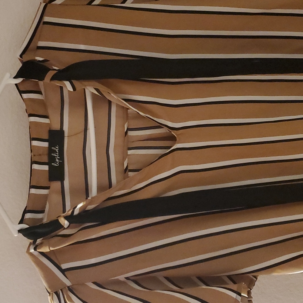 Brown, black, white striped shirt